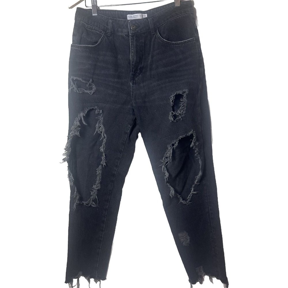 Zara Basic Jeans Womens 8 Black Z1975 Distressed Raw Hem High Rise Holes Denim